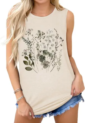 Women Wildflower Shirts Boho Vintage Floral Printed Tank Tops Nature Botanical Graphic Sleeveless Tees