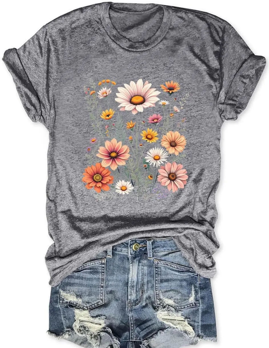 Women Wildflower T Shirts Vintage Boho Floral Shirt Cute Graphic Tees Vintage Short Sleeve Tops
