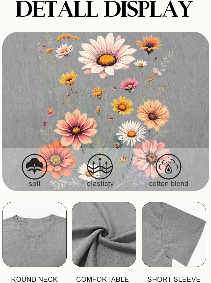 Women Wildflower T Shirts Vintage Boho Floral Shirt Cute Graphic Tees Vintage Short Sleeve Tops