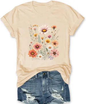 Women Wildflower T Shirts Vintage Boho Floral Shirt Cute Graphic Tees Vintage Short Sleeve Tops