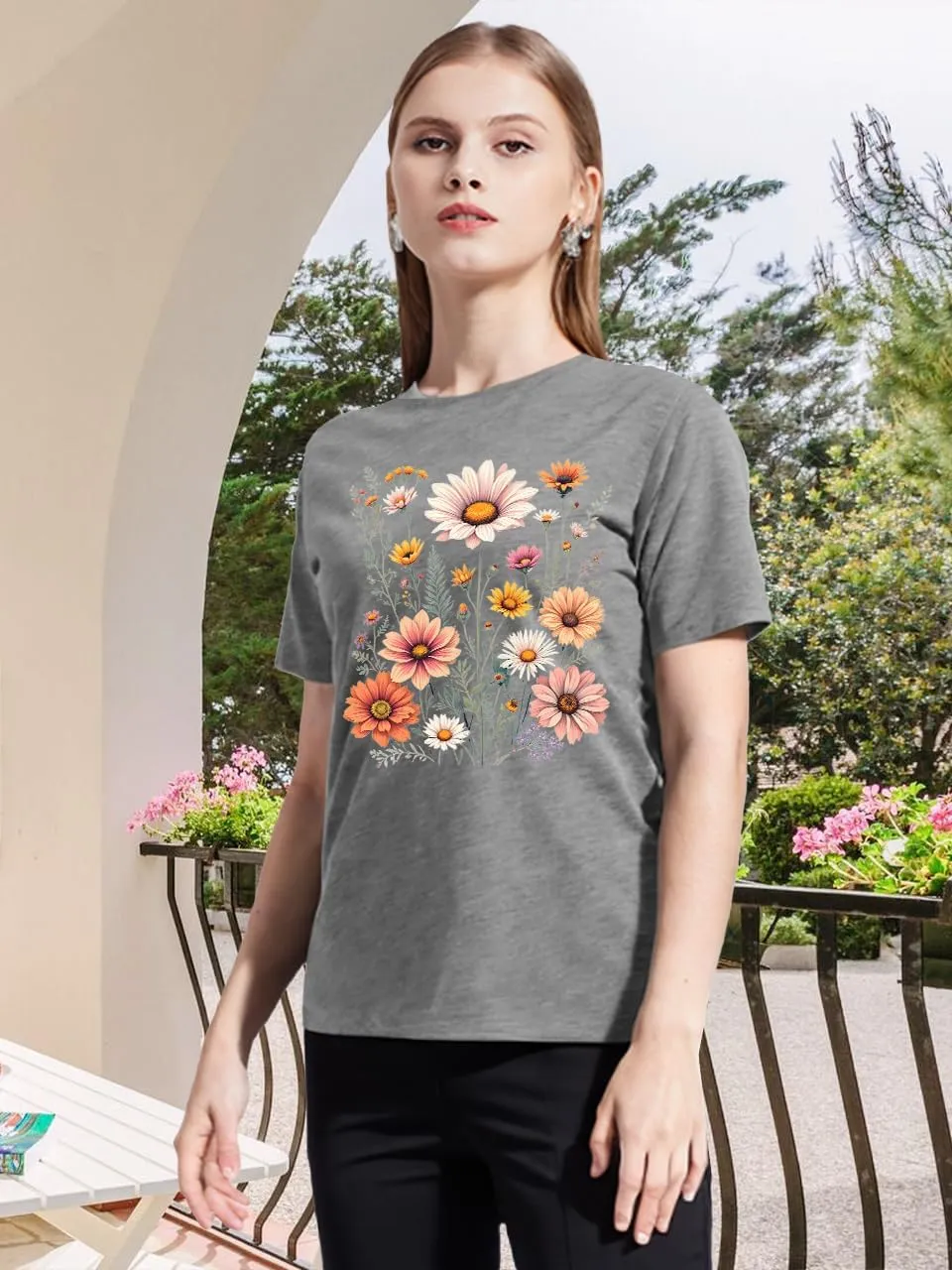 Women Wildflower T Shirts Vintage Boho Floral Shirt Cute Graphic Tees Vintage Short Sleeve Tops