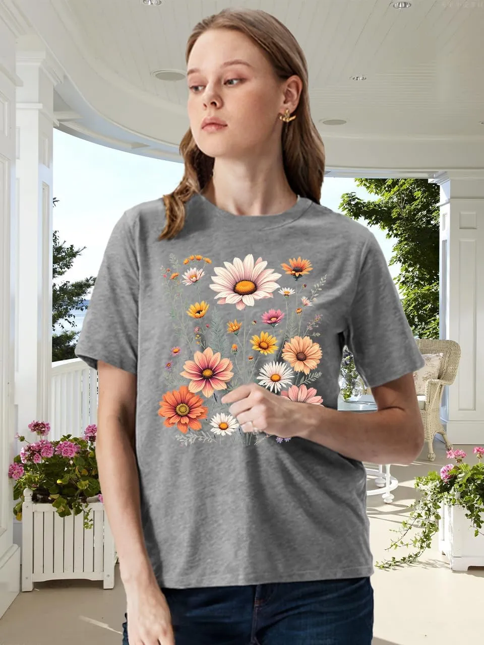 Women Wildflower T Shirts Vintage Boho Floral Shirt Cute Graphic Tees Vintage Short Sleeve Tops