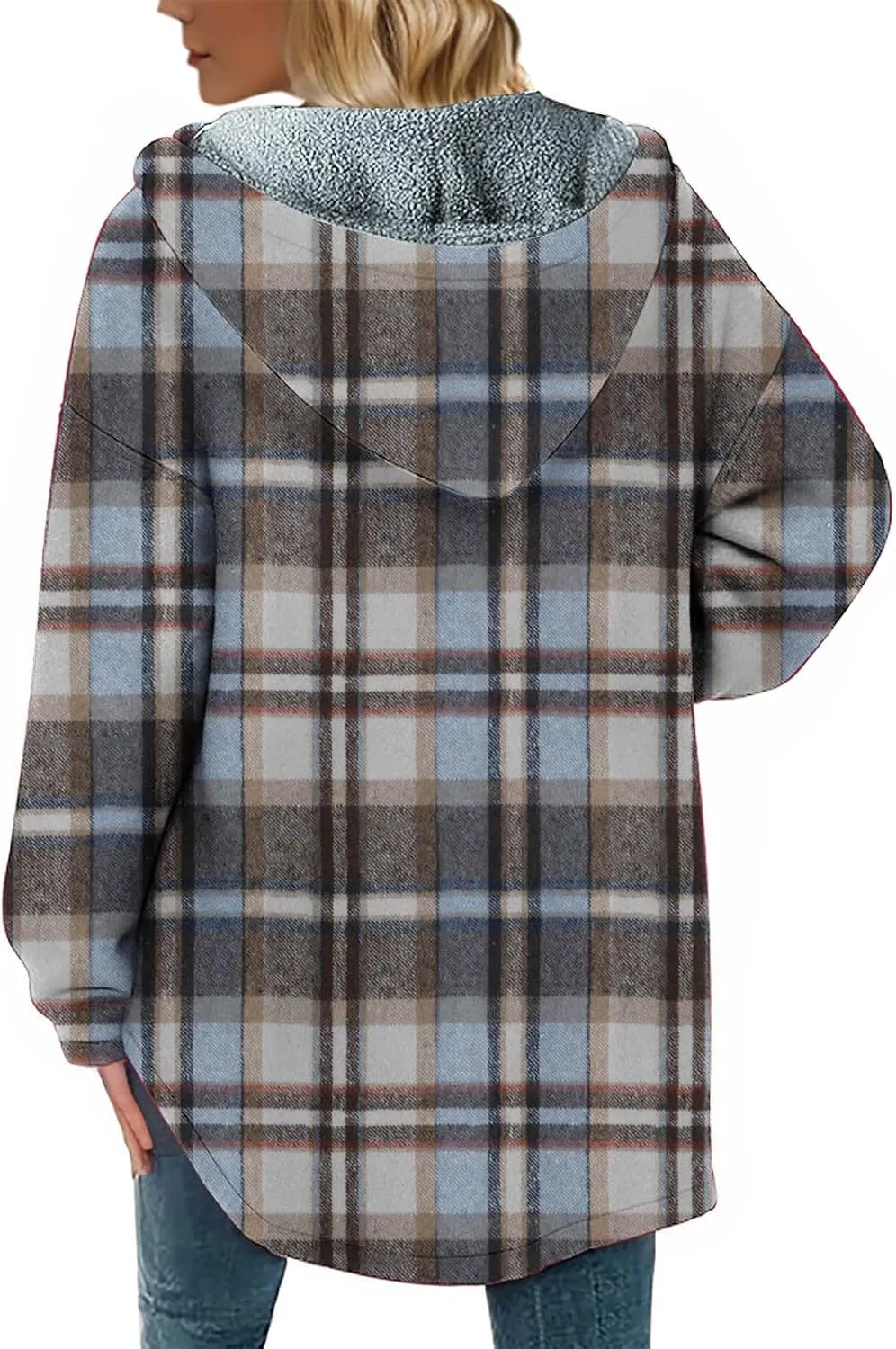 Women Wool Blend Trench Coat Plaid Trench Coat Fleece Sherpa Lined Shacket Jacket Hooded Oversized Color Block Hoodie