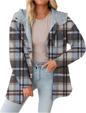 Women Wool Blend Trench Coat Plaid Trench Coat Fleece Sherpa Lined Shacket Jacket Hooded Oversized Color Block Hoodie
