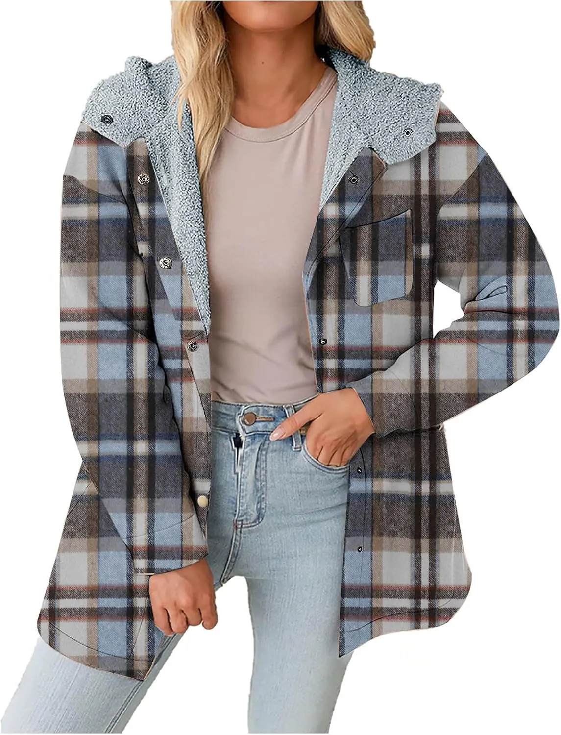 Women Wool Blend Trench Coat Plaid Trench Coat Fleece Sherpa Lined Shacket Jacket Hooded Oversized Color Block Hoodie