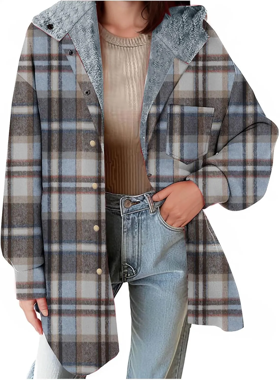 Women Wool Blend Trench Coat Plaid Trench Coat Fleece Sherpa Lined Shacket Jacket Hooded Oversized Color Block Hoodie