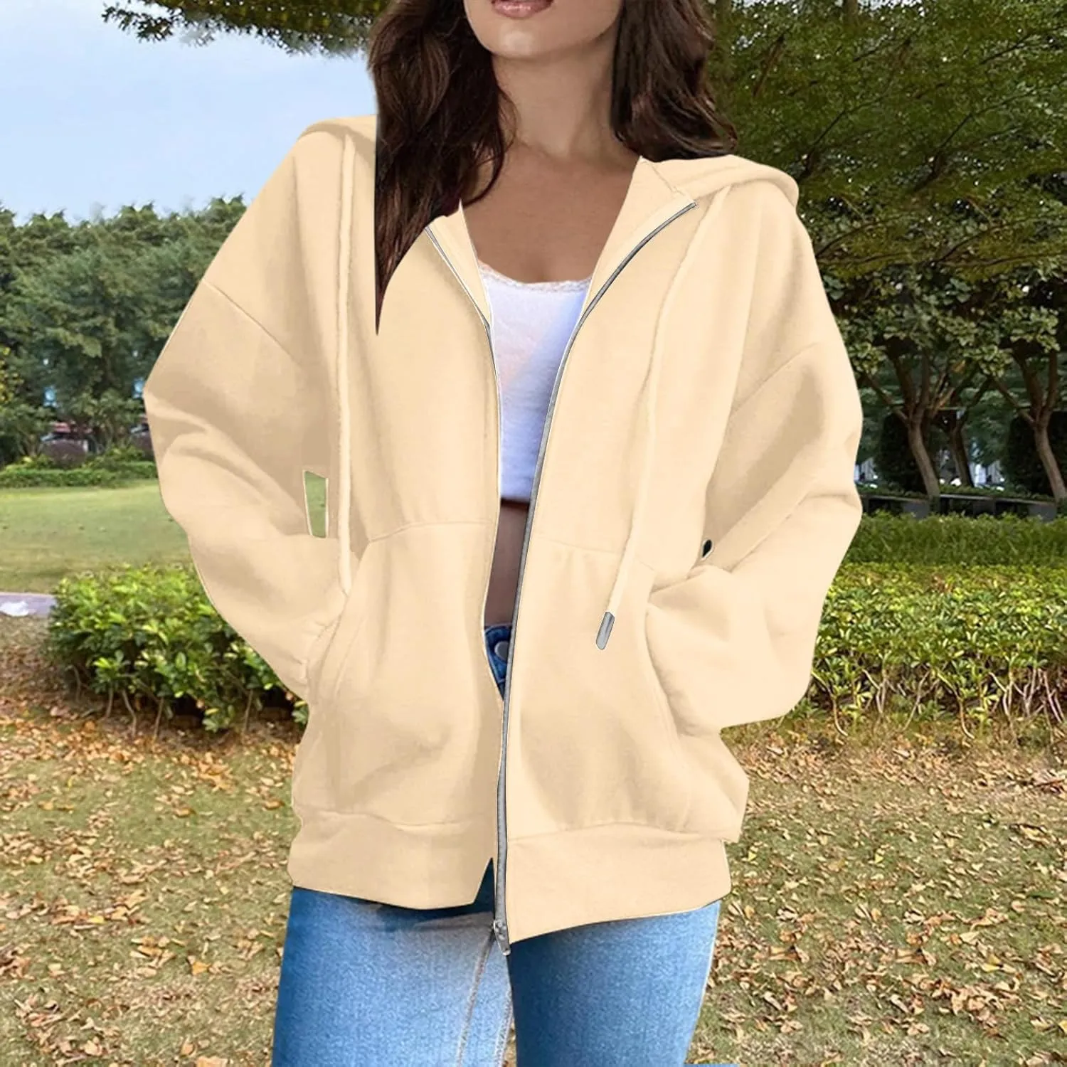 Women Zip Up Hoodie Long Sleeve Oversized Sweatshirts Y2K Jacket Pockets Patchwork Design Drawstring Hooded Jacket