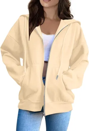 Women Zip Up Hoodie Long Sleeve Oversized Sweatshirts Y2K Jacket Pockets Patchwork Design Drawstring Hooded Jacket