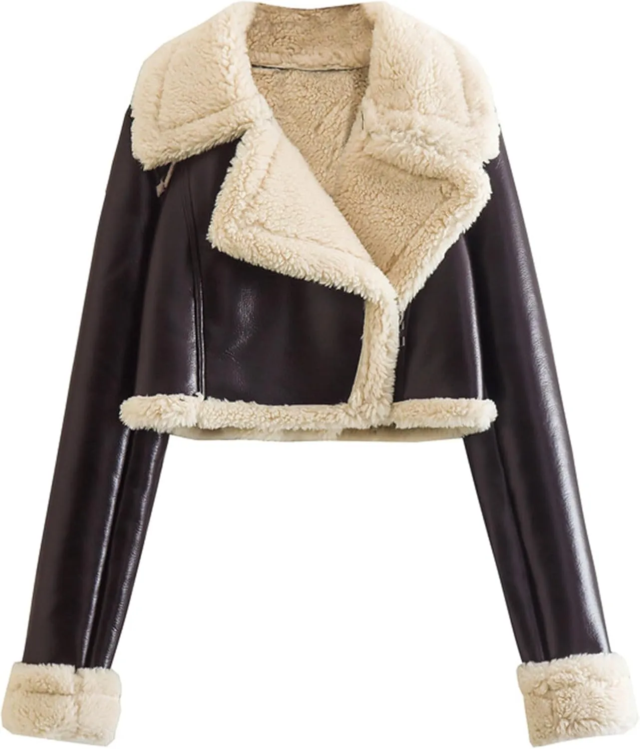 Womens 2023 Fashion Winter Coat Faux Leather Jackets Thicken Fleece Lined Lapel Cropped Moto Biker Casual Short Jacket