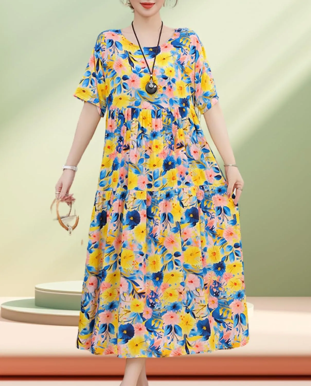 Womens 2025 Summer Boho Midi Dress Short Sleeve Plus Size Flowy Floral Casual Loose Smocked Beach Dresses
