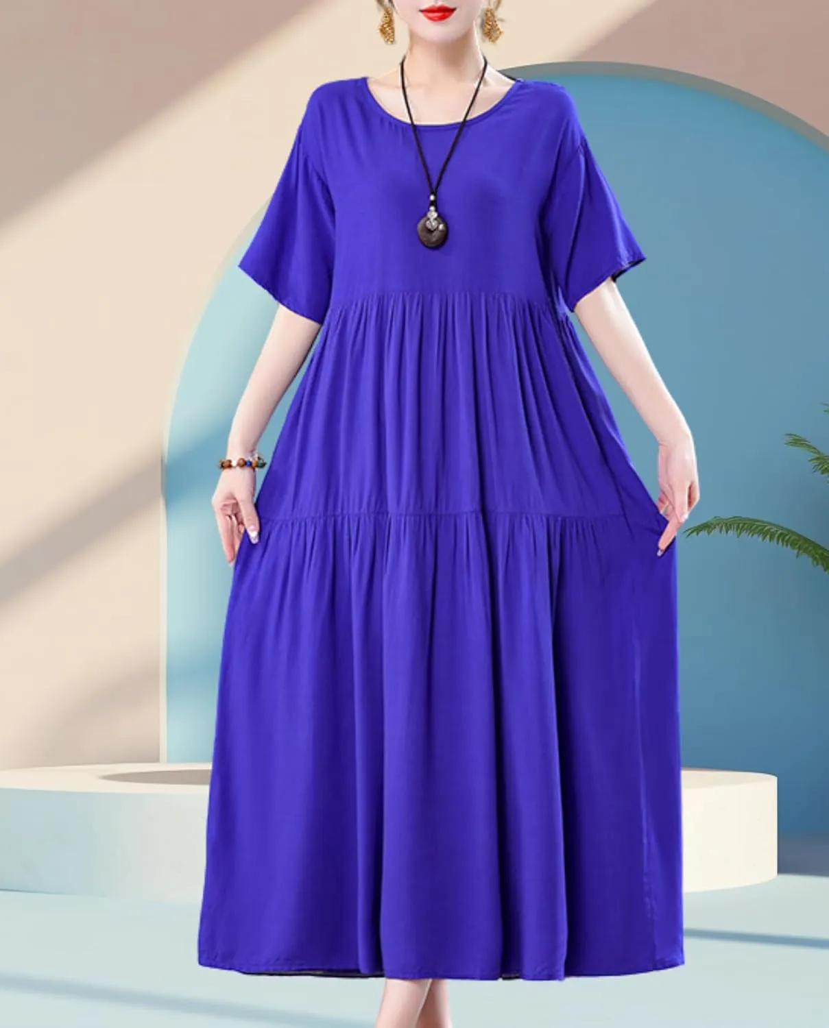 Womens 2025 Summer Boho Midi Dress Short Sleeve Plus Size Flowy Floral Casual Loose Smocked Beach Dresses