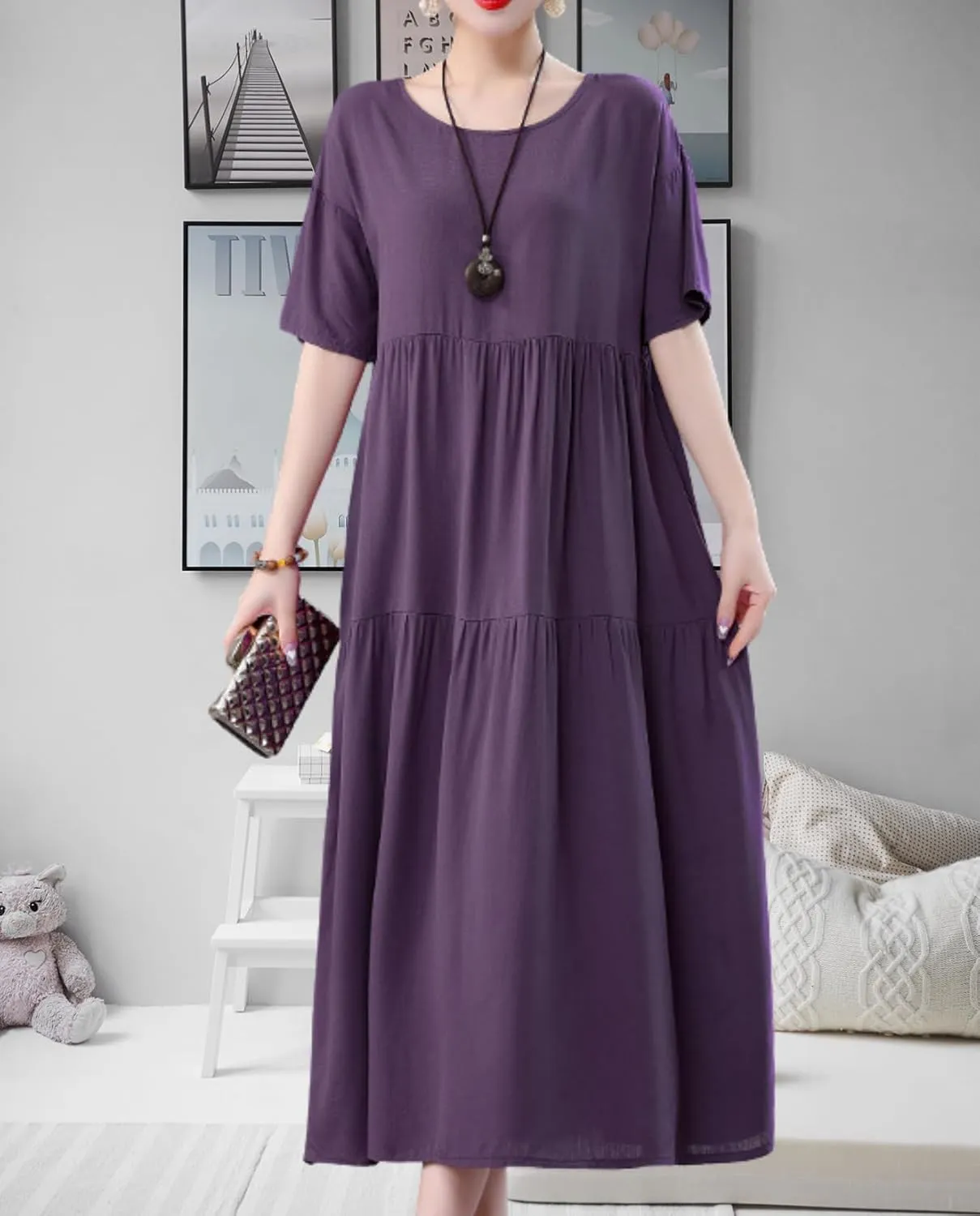 Womens 2025 Summer Boho Midi Dress Short Sleeve Plus Size Flowy Floral Casual Loose Smocked Beach Dresses