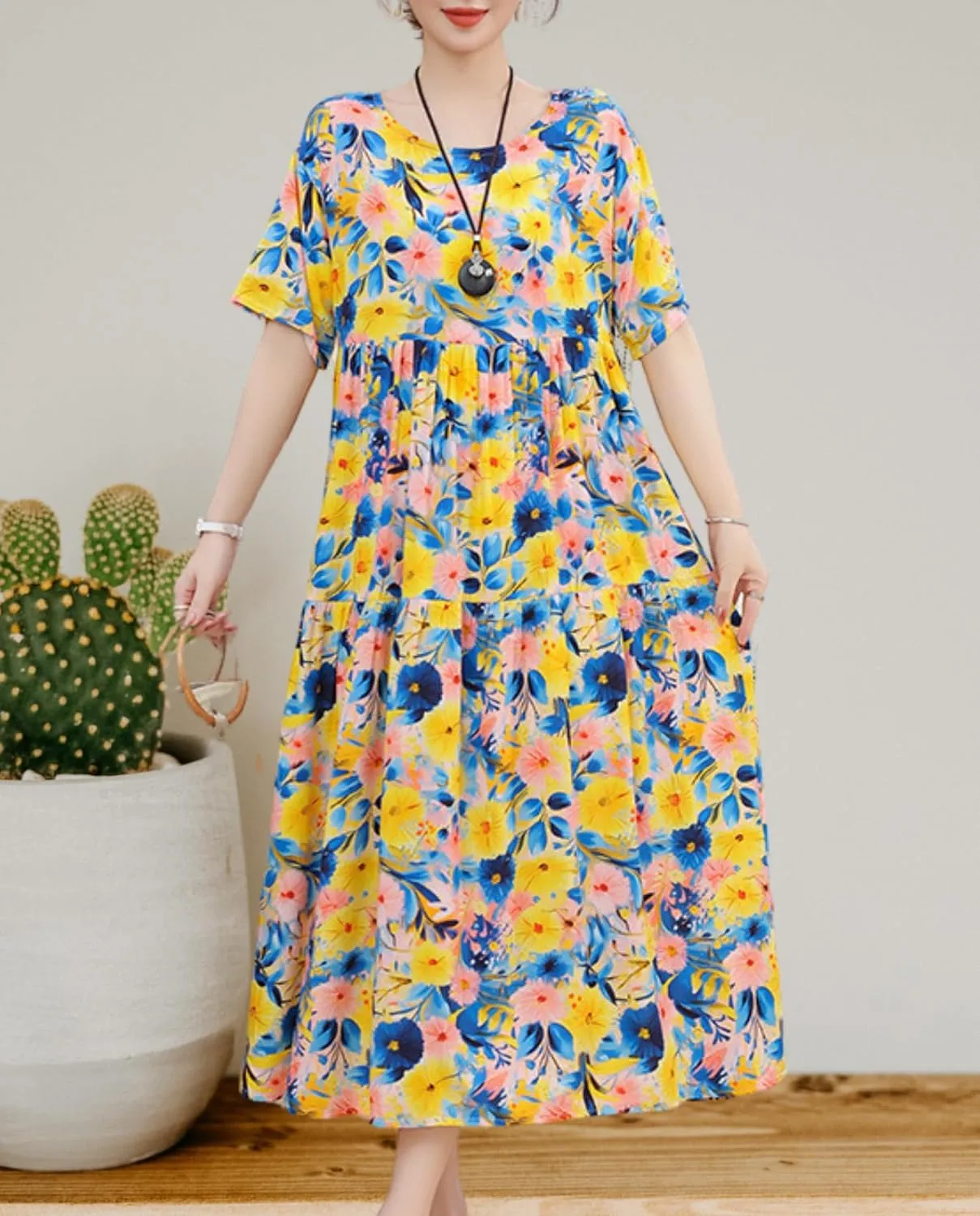 Womens 2025 Summer Boho Midi Dress Short Sleeve Plus Size Flowy Floral Casual Loose Smocked Beach Dresses