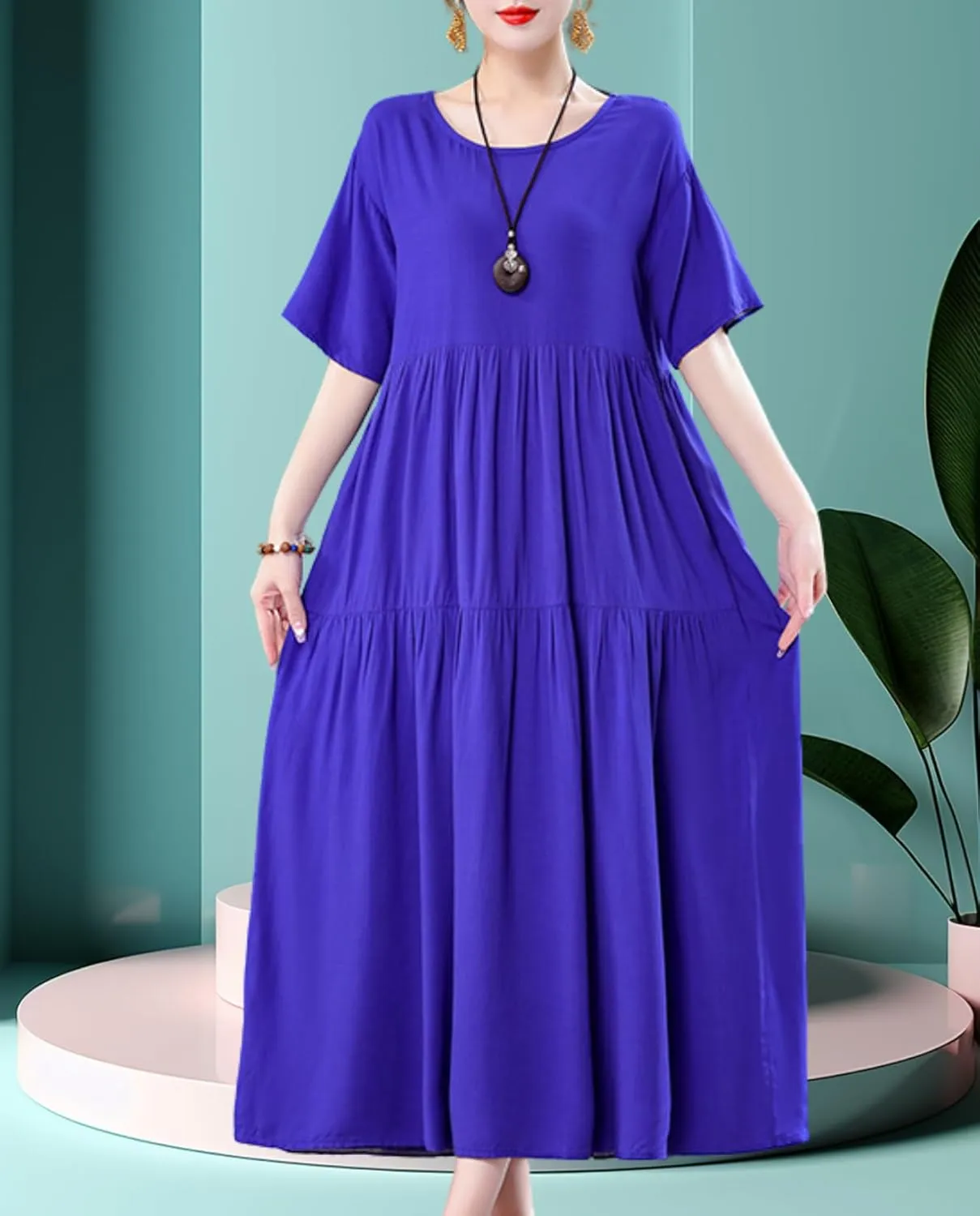 Womens 2025 Summer Boho Midi Dress Short Sleeve Plus Size Flowy Floral Casual Loose Smocked Beach Dresses
