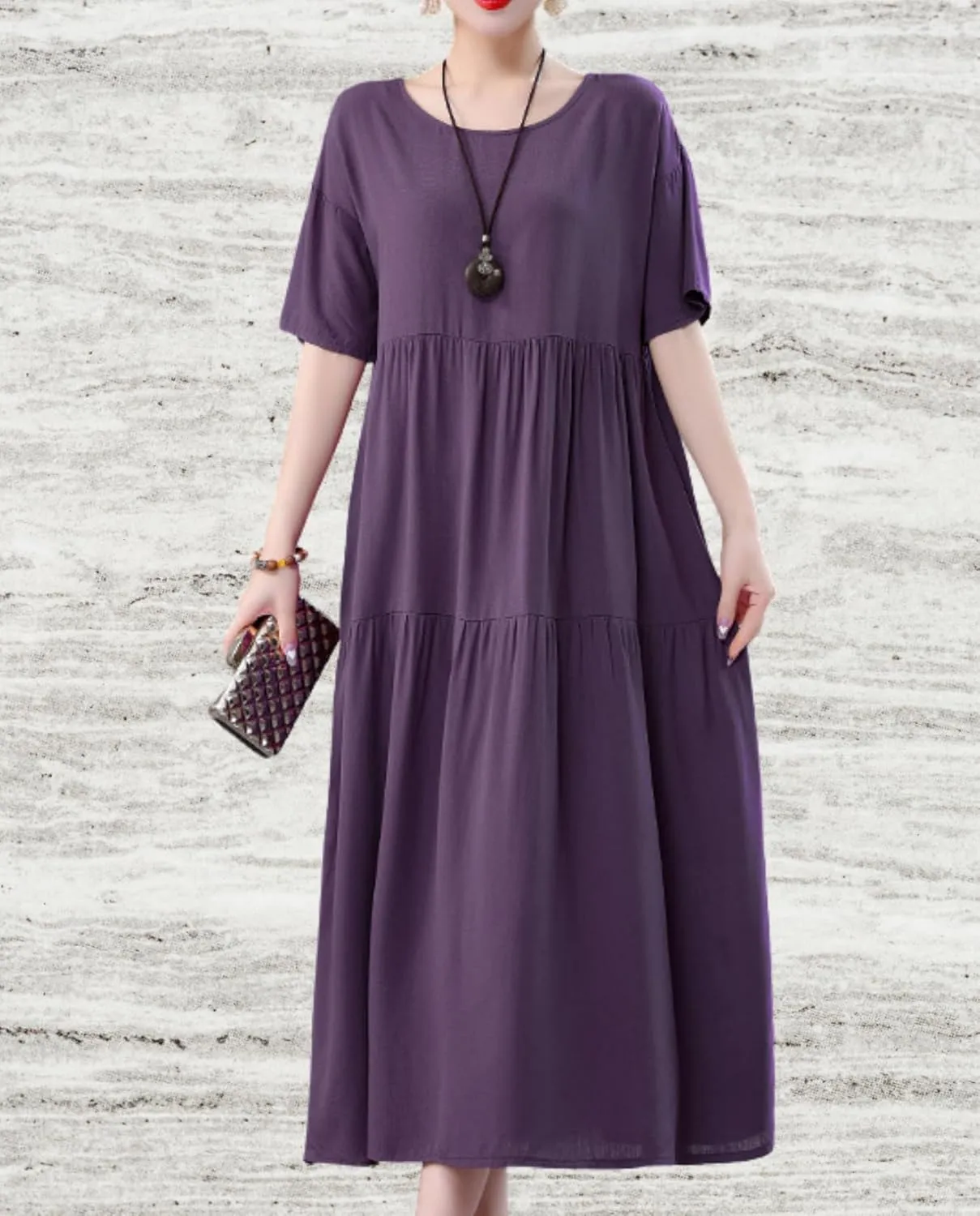 Womens 2025 Summer Boho Midi Dress Short Sleeve Plus Size Flowy Floral Casual Loose Smocked Beach Dresses