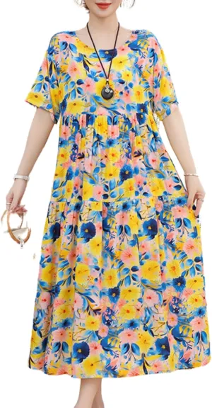 Womens 2025 Summer Boho Midi Dress Short Sleeve Plus Size Flowy Floral Casual Loose Smocked Beach Dresses