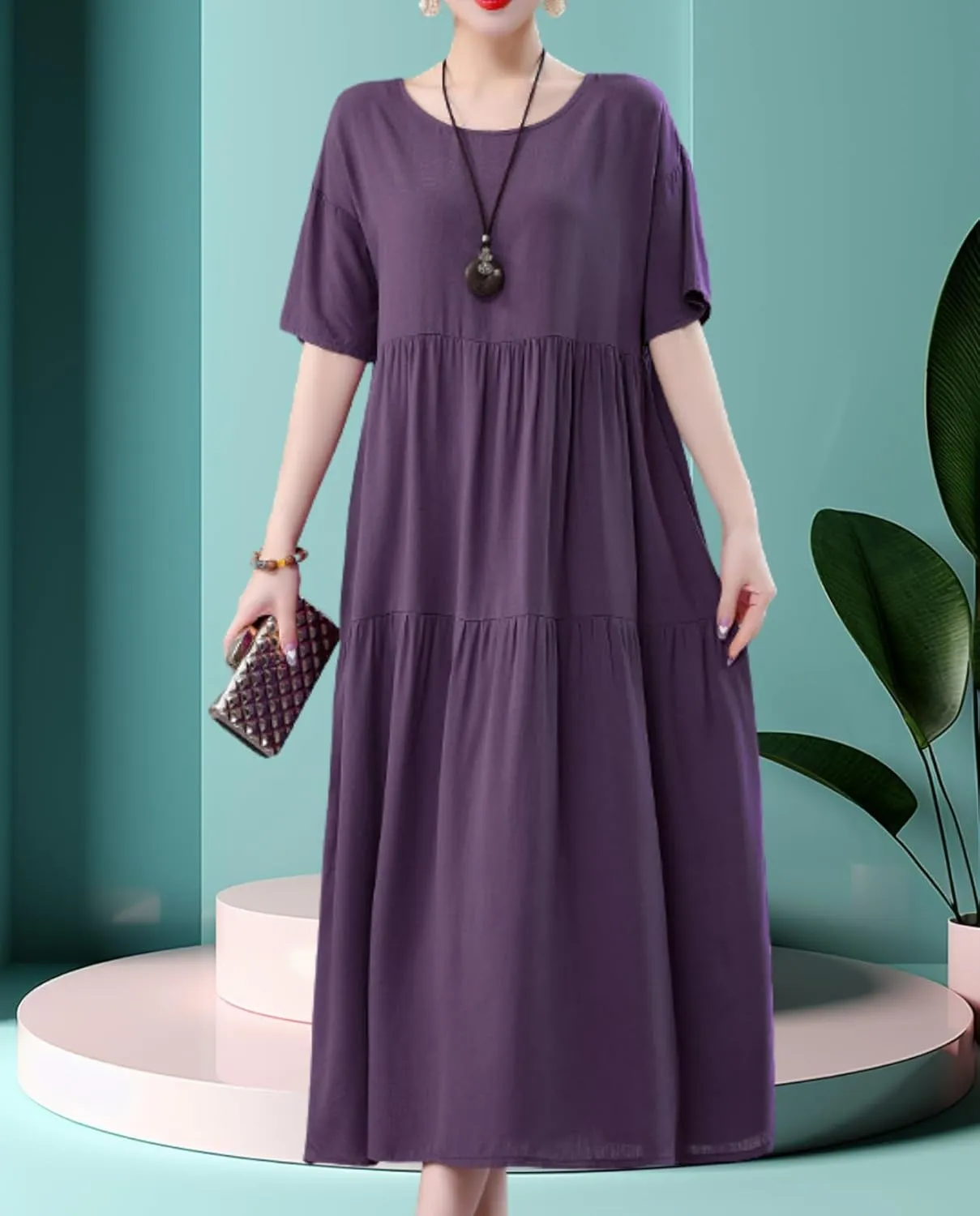 Womens 2025 Summer Boho Midi Dress Short Sleeve Plus Size Flowy Floral Casual Loose Smocked Beach Dresses