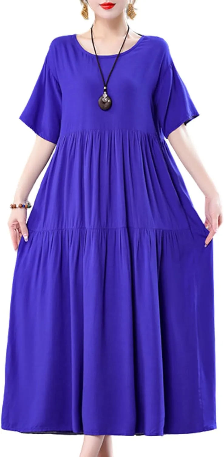 Womens 2025 Summer Boho Midi Dress Short Sleeve Plus Size Flowy Floral Casual Loose Smocked Beach Dresses