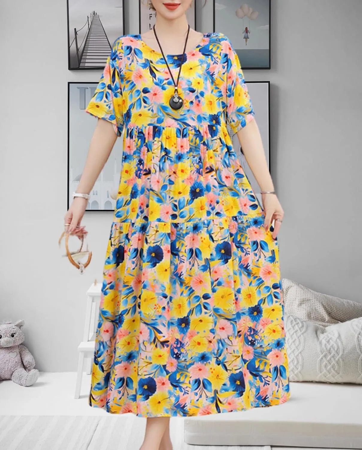 Womens 2025 Summer Boho Midi Dress Short Sleeve Plus Size Flowy Floral Casual Loose Smocked Beach Dresses