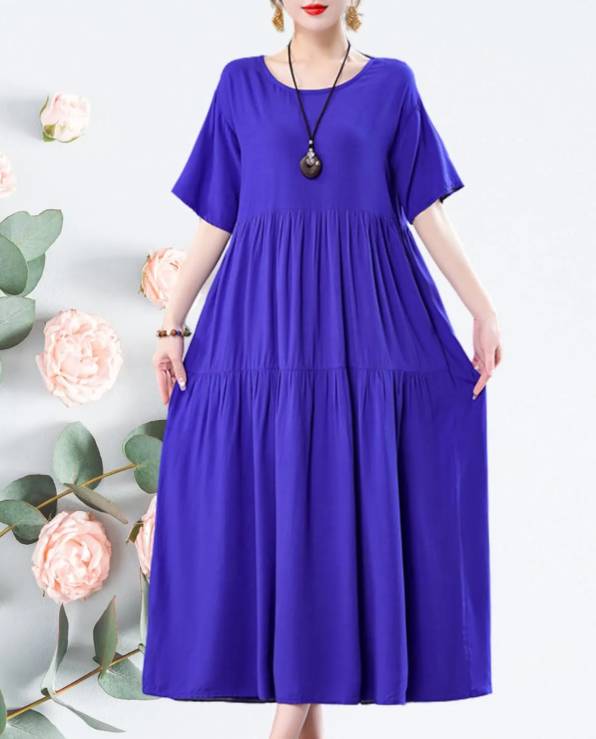 Womens 2025 Summer Boho Midi Dress Short Sleeve Plus Size Flowy Floral Casual Loose Smocked Beach Dresses