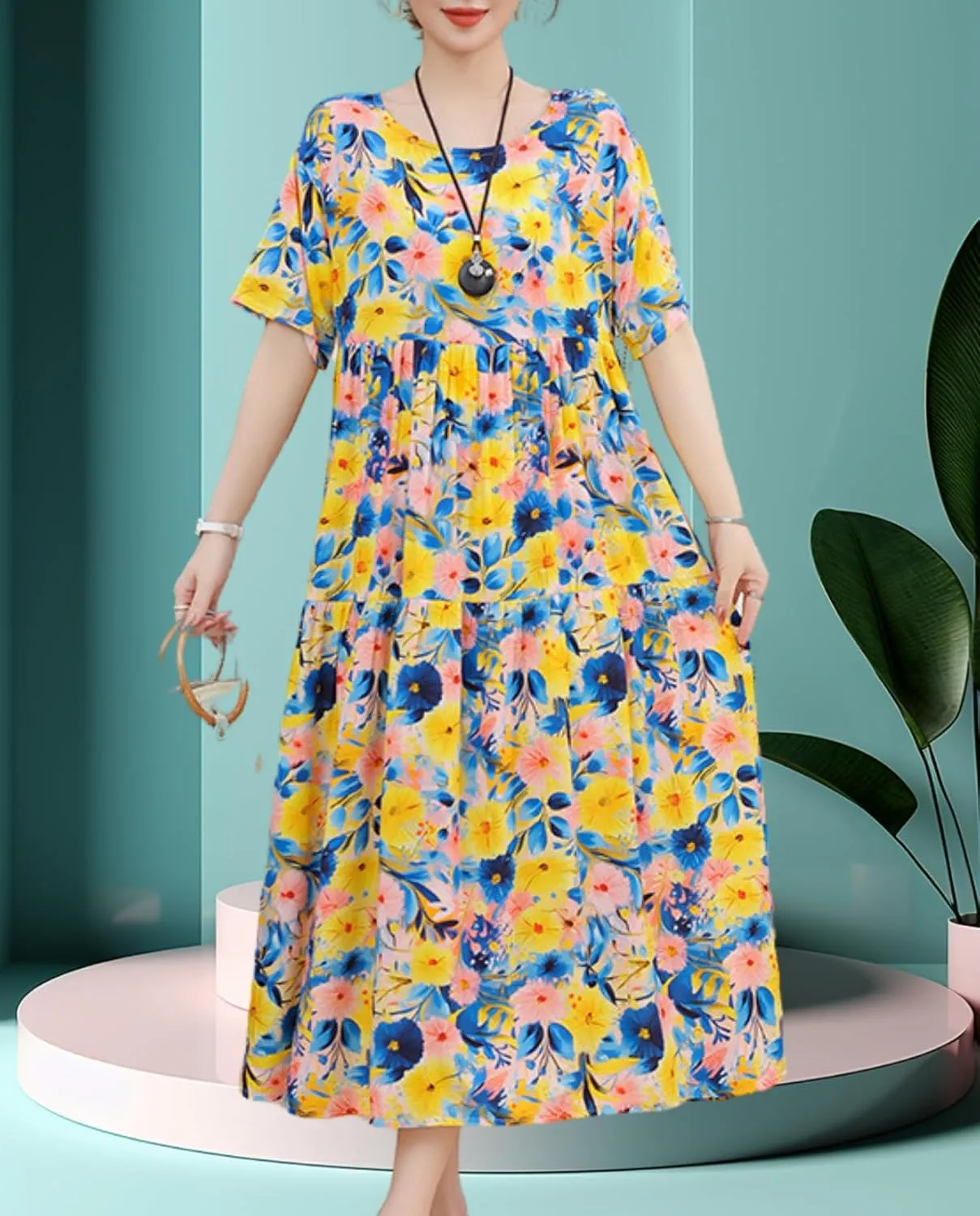 Womens 2025 Summer Boho Midi Dress Short Sleeve Plus Size Flowy Floral Casual Loose Smocked Beach Dresses