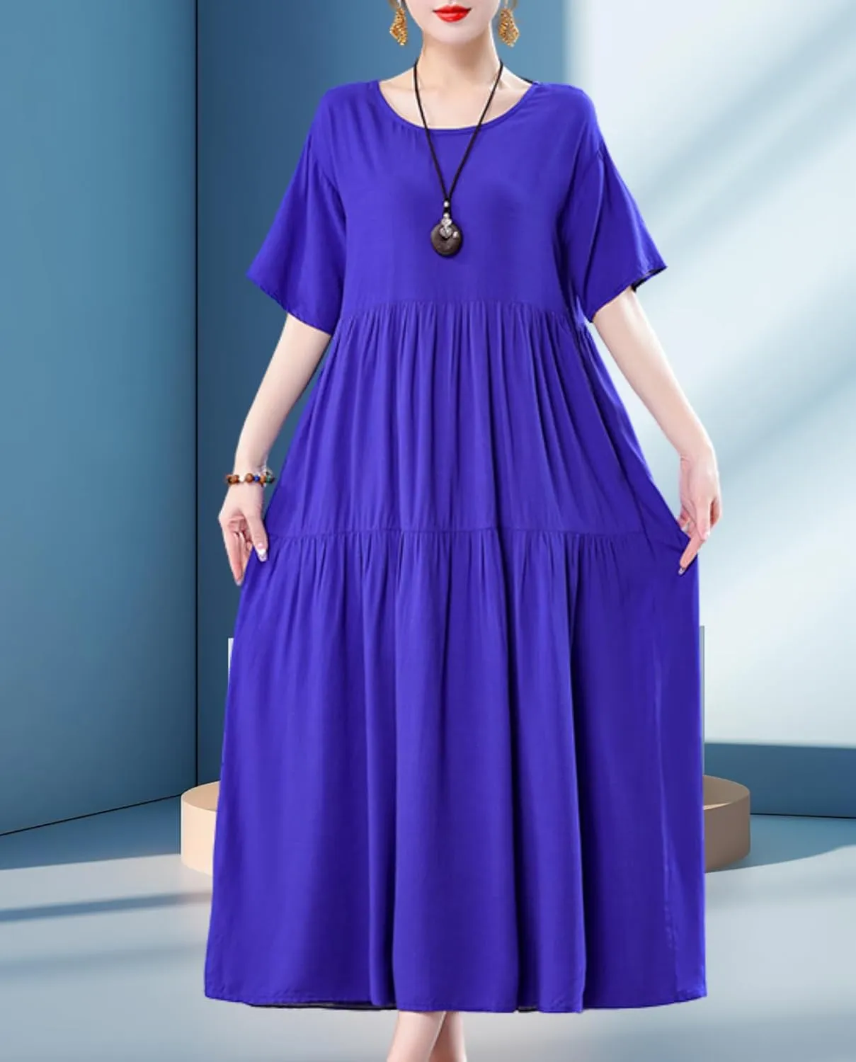 Womens 2025 Summer Boho Midi Dress Short Sleeve Plus Size Flowy Floral Casual Loose Smocked Beach Dresses