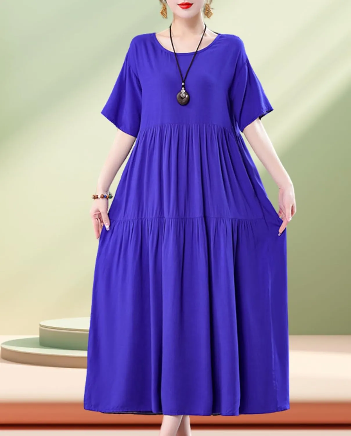 Womens 2025 Summer Boho Midi Dress Short Sleeve Plus Size Flowy Floral Casual Loose Smocked Beach Dresses