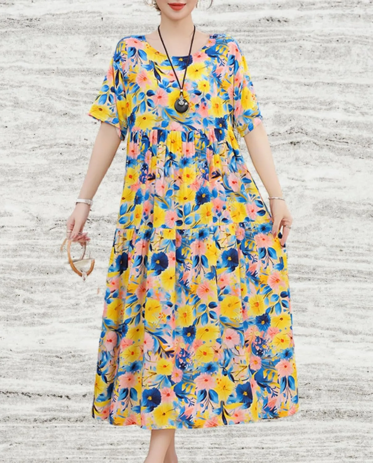 Womens 2025 Summer Boho Midi Dress Short Sleeve Plus Size Flowy Floral Casual Loose Smocked Beach Dresses
