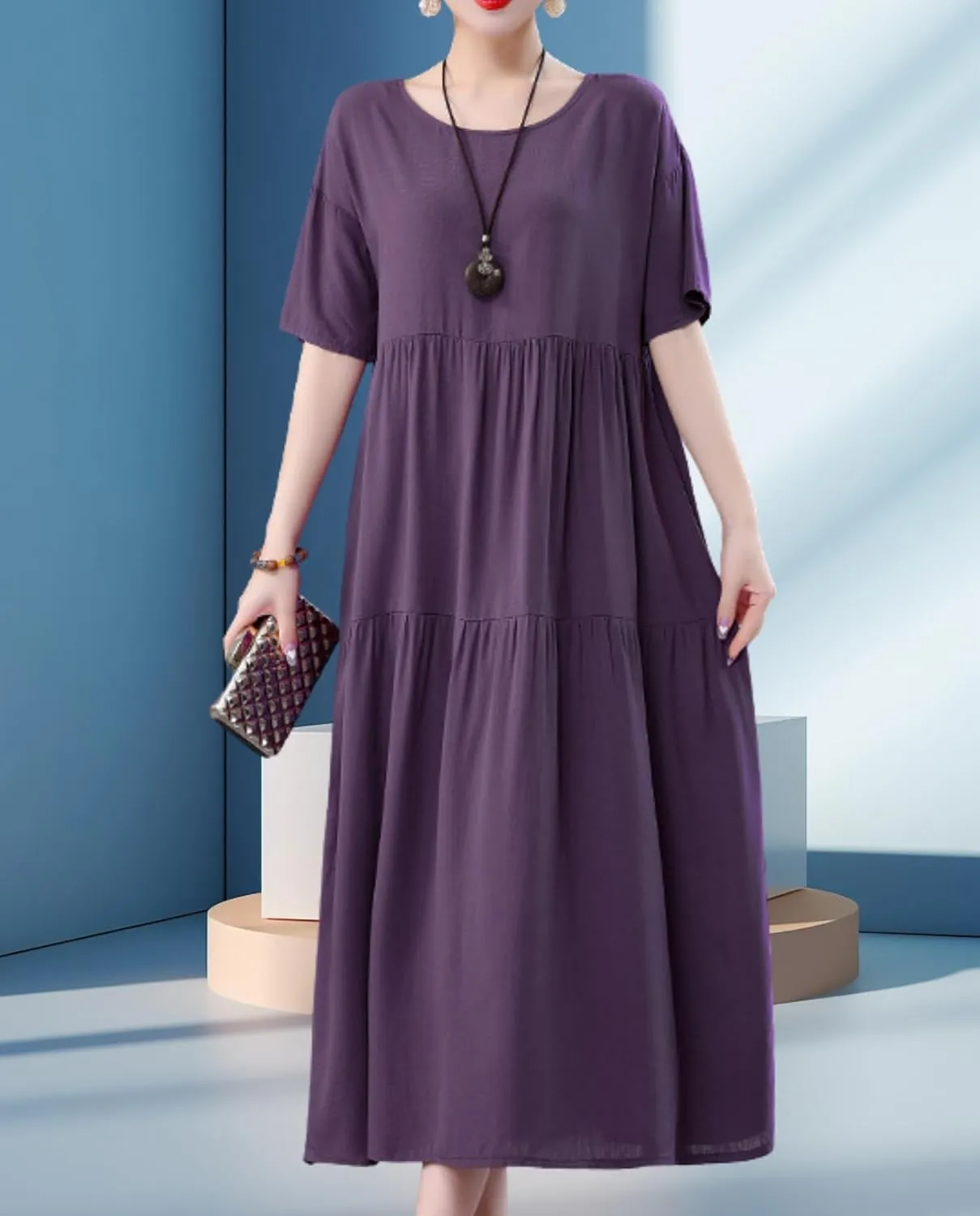 Womens 2025 Summer Boho Midi Dress Short Sleeve Plus Size Flowy Floral Casual Loose Smocked Beach Dresses