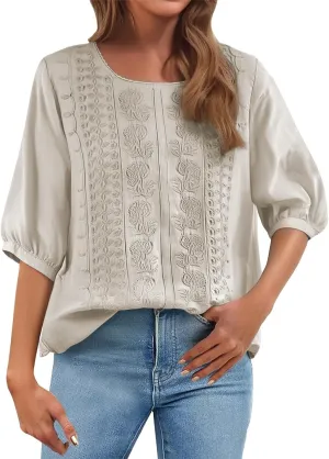 Women's 3/4 Sleeve Cotton Linen Jacquard Blouses Top T-Shirt 2025 Loose Fit Crew Neck Floral Embroidery Ruched Shirt