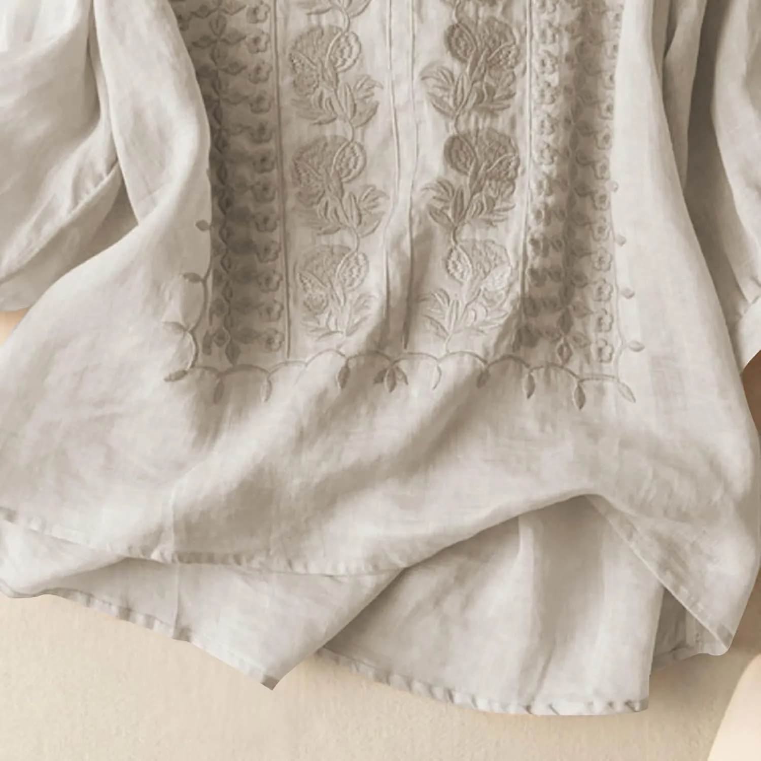Women's 3/4 Sleeve Cotton Linen Jacquard Blouses Top T-Shirt 2025 Loose Fit Crew Neck Floral Embroidery Ruched Shirt