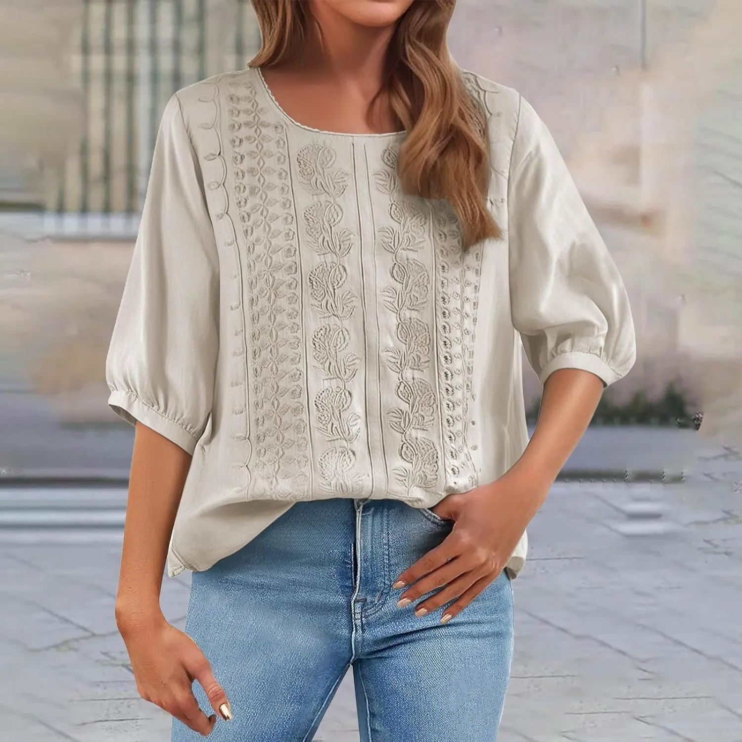 Women's 3/4 Sleeve Cotton Linen Jacquard Blouses Top T-Shirt 2025 Loose Fit Crew Neck Floral Embroidery Ruched Shirt