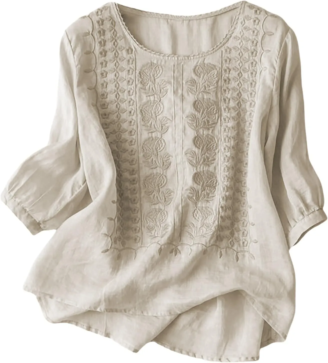 Women's 3/4 Sleeve Cotton Linen Jacquard Blouses Top T-Shirt 2025 Loose Fit Crew Neck Floral Embroidery Ruched Shirt