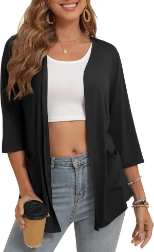 Women's 3/4 Sleeve Open Front Cardigan Casual Loose Lightweight Cardigans with Pockets