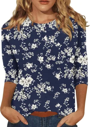 Womens 3/4 Sleeve Tops 2025 Spring Print Round Neck Shirts Loose Fit Three Quarter Sleeve Tshirts