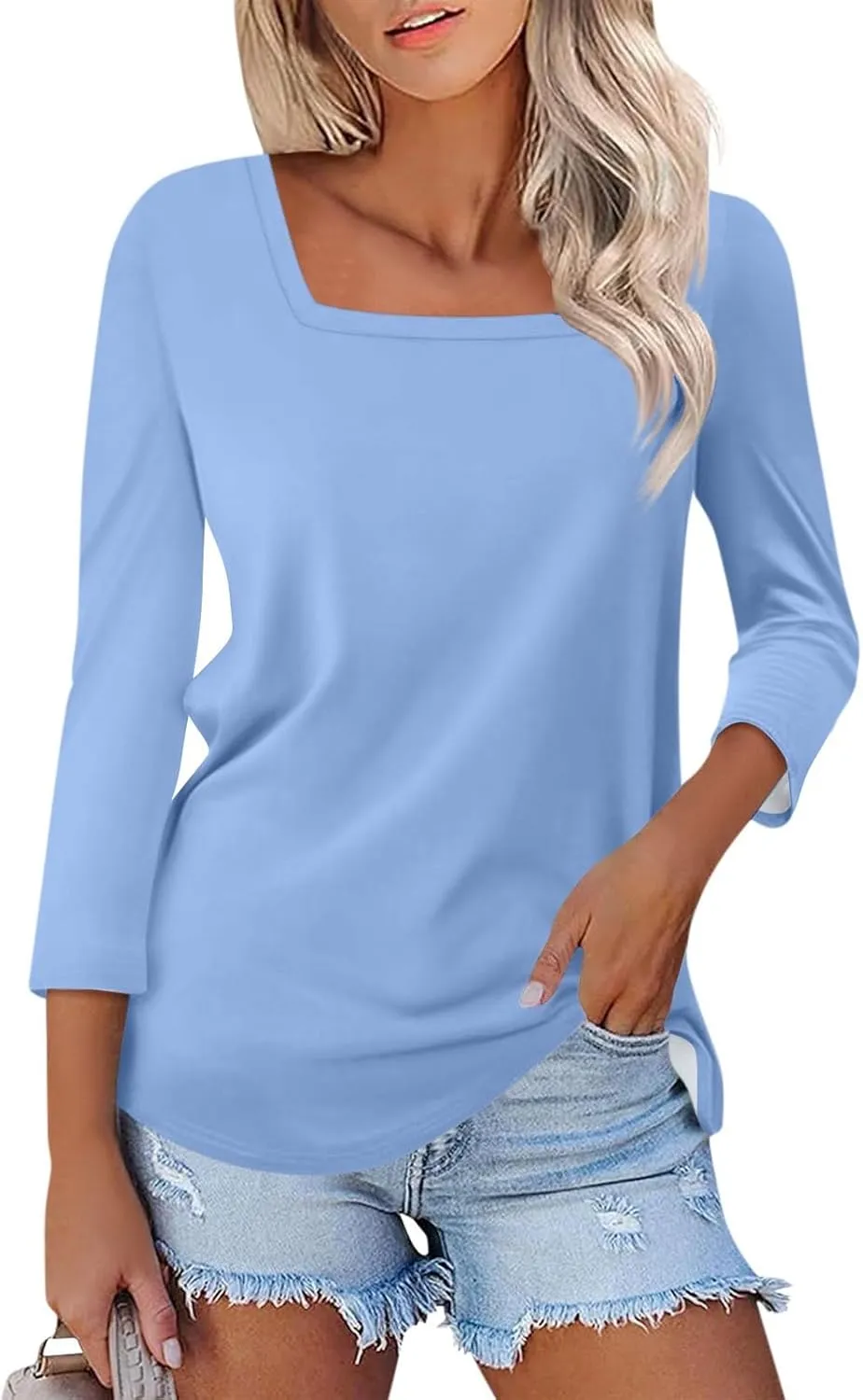 Womens 3/4 Sleeve Tops and Blouses Square Neck Holiday Cute Shirts Dressy Casual Three Quarter Workout Tunic Tops