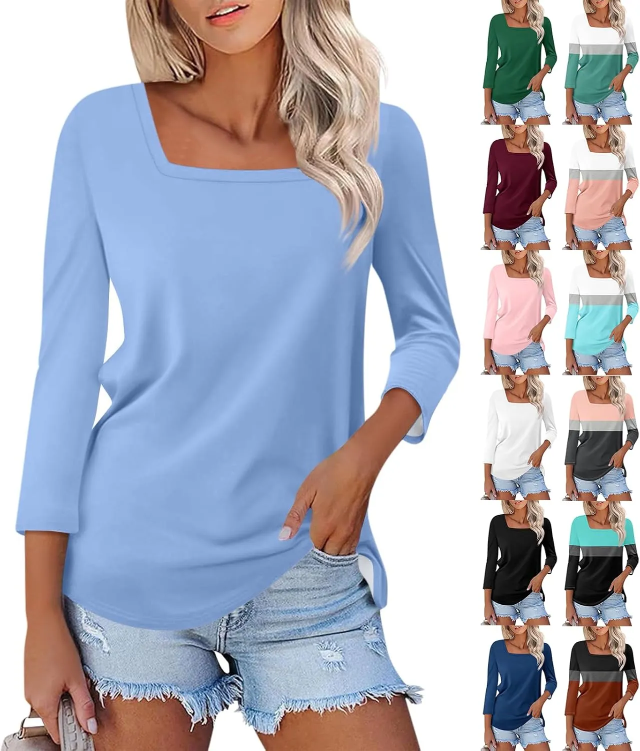 Womens 3/4 Sleeve Tops and Blouses Square Neck Holiday Cute Shirts Dressy Casual Three Quarter Workout Tunic Tops