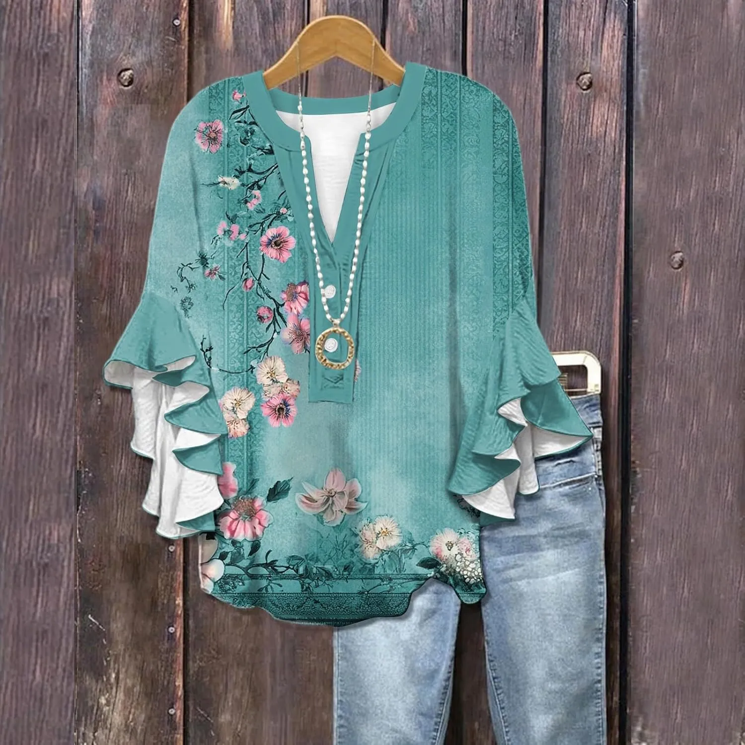 Womens 3/4 Sleeve Tops Casual Ruffle Floral Henley Notched V Neck T Shirts Loose Fit Graphic Button Dressy Blouses