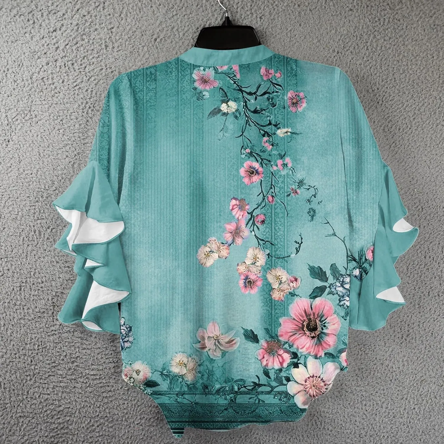 Womens 3/4 Sleeve Tops Casual Ruffle Floral Henley Notched V Neck T Shirts Loose Fit Graphic Button Dressy Blouses