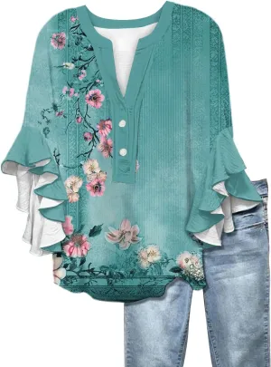 Womens 3/4 Sleeve Tops Casual Ruffle Floral Henley Notched V Neck T Shirts Loose Fit Graphic Button Dressy Blouses