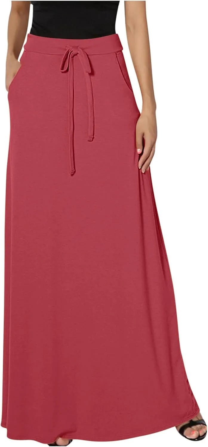 Women's Basic Solid Tie Dye Foldable High Waist Floor Length Maxi Skirt Plus Size A-Line Casual Bodycon Skirts Pockets