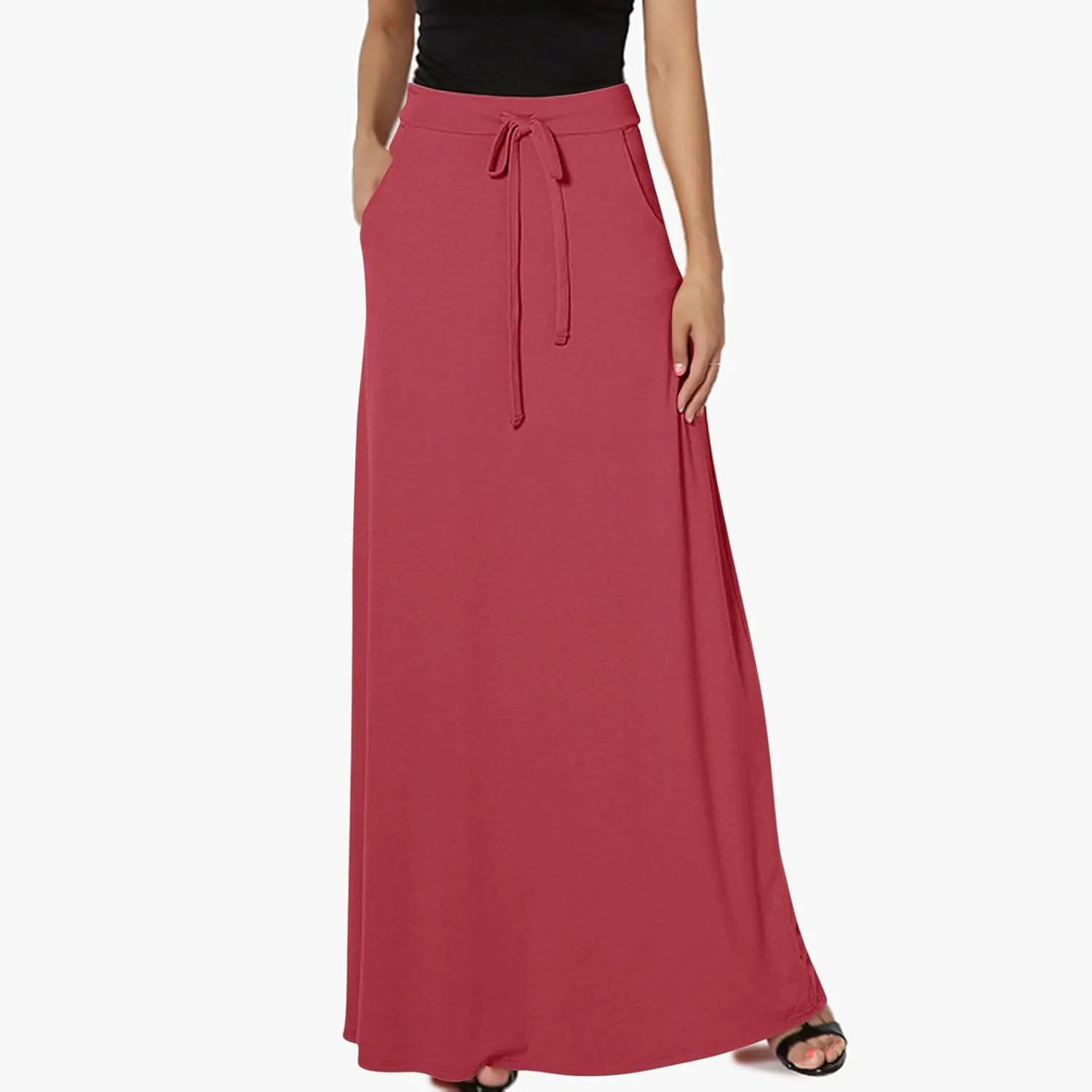 Women's Basic Solid Tie Dye Foldable High Waist Floor Length Maxi Skirt Plus Size A-Line Casual Bodycon Skirts Pockets