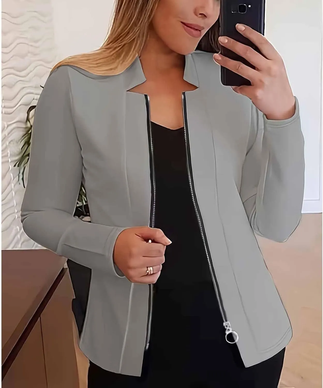 Womens Blazer Jackets Zip up Open Front Cardigan Jacket Casual Long Sleeve Work Office Suit Crop Outerwear