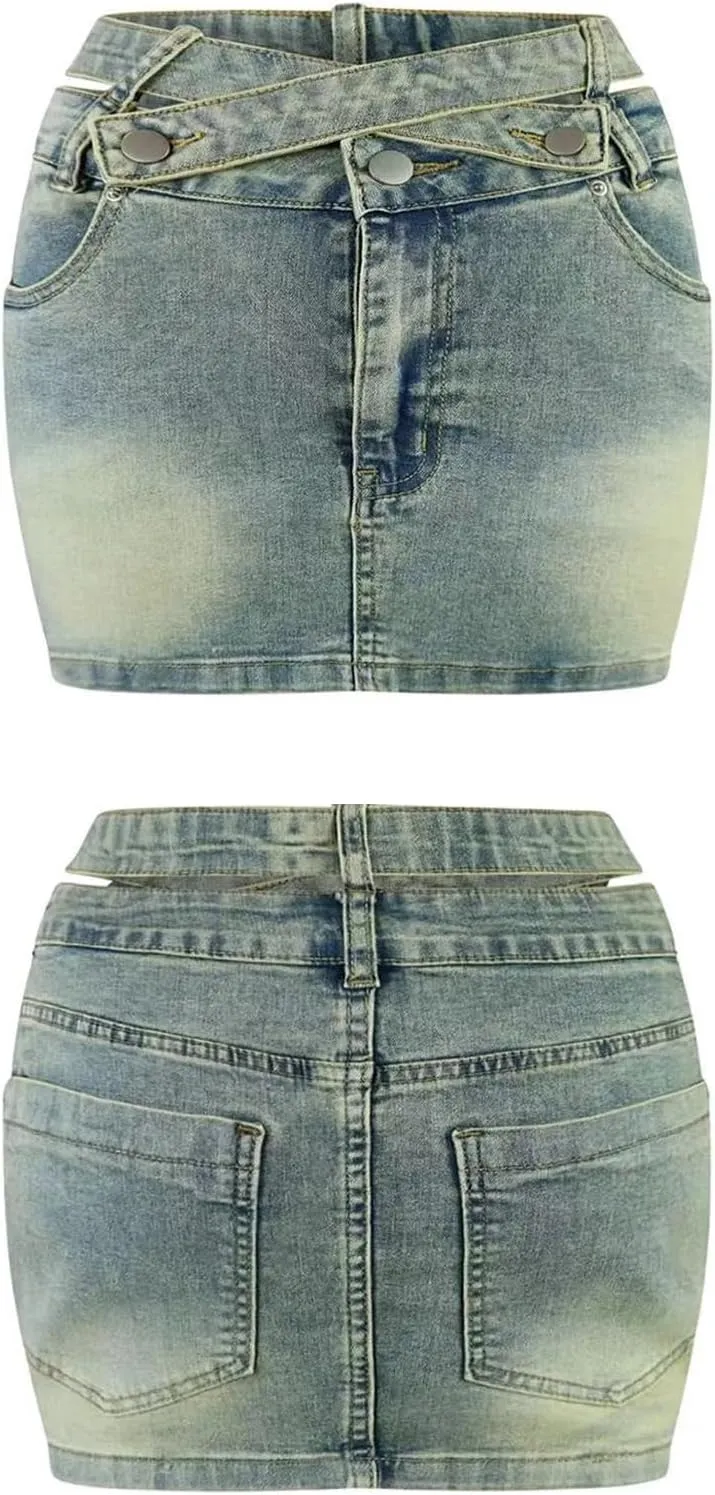 Women's Bodycon Denim Skirt Criss Cross Belts High Waisted Button Stretchy Y2k Mini Jean Skirt