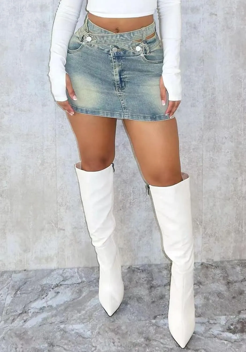 Women's Bodycon Denim Skirt Criss Cross Belts High Waisted Button Stretchy Y2k Mini Jean Skirt