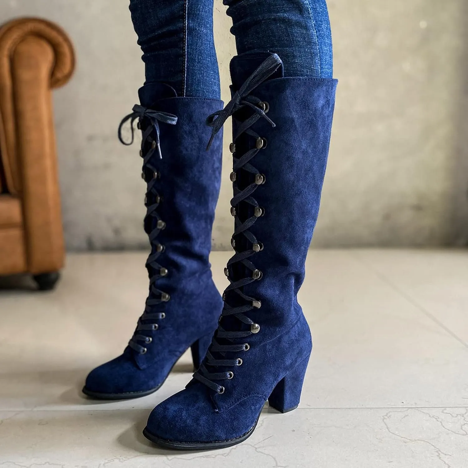 Womens Booties,Fall Boots for Women 2024 Chunky High Heels Lace Up Round Toe Cowboy Boots Vintage Wedge Booties Shoes