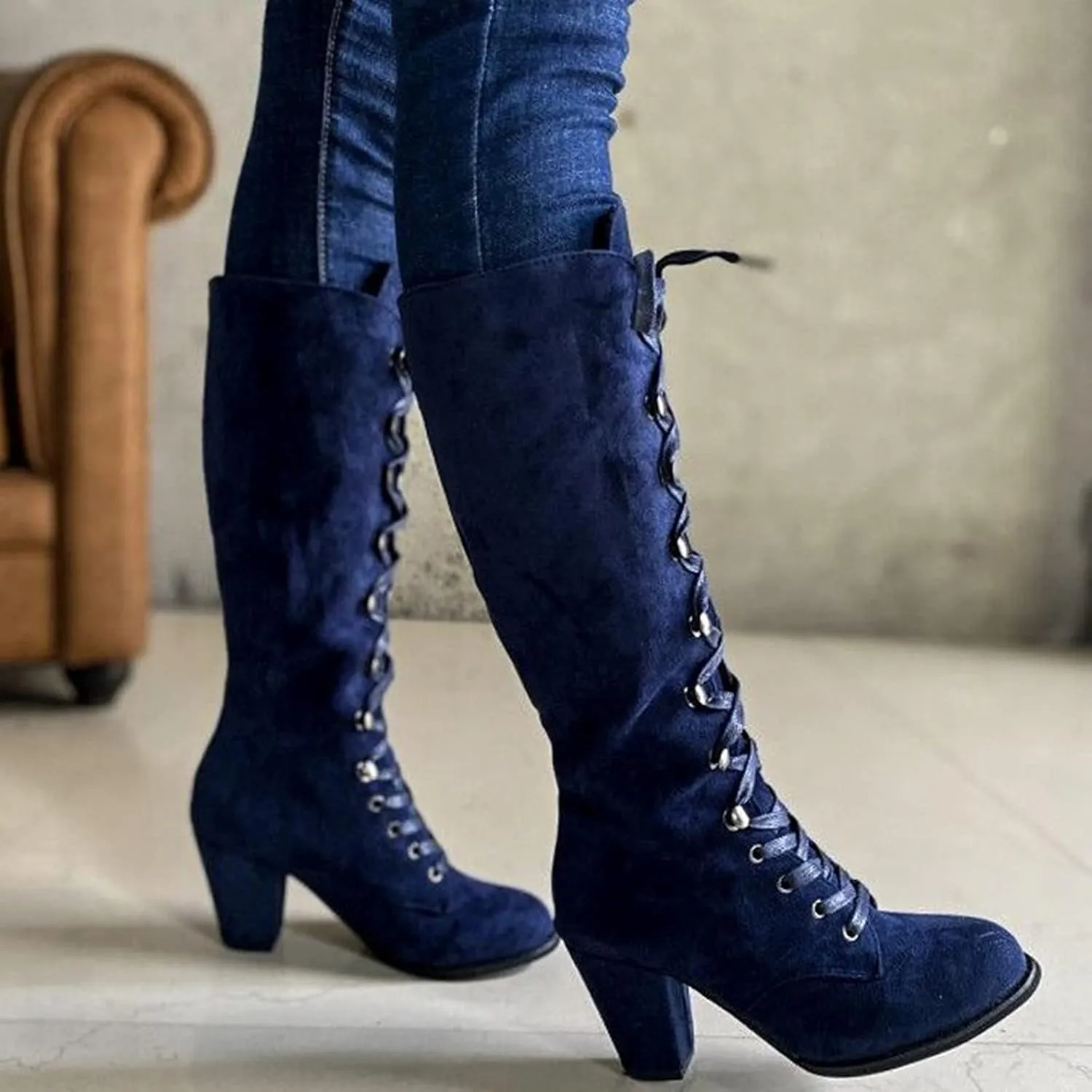 Womens Booties,Fall Boots for Women 2024 Chunky High Heels Lace Up Round Toe Cowboy Boots Vintage Wedge Booties Shoes