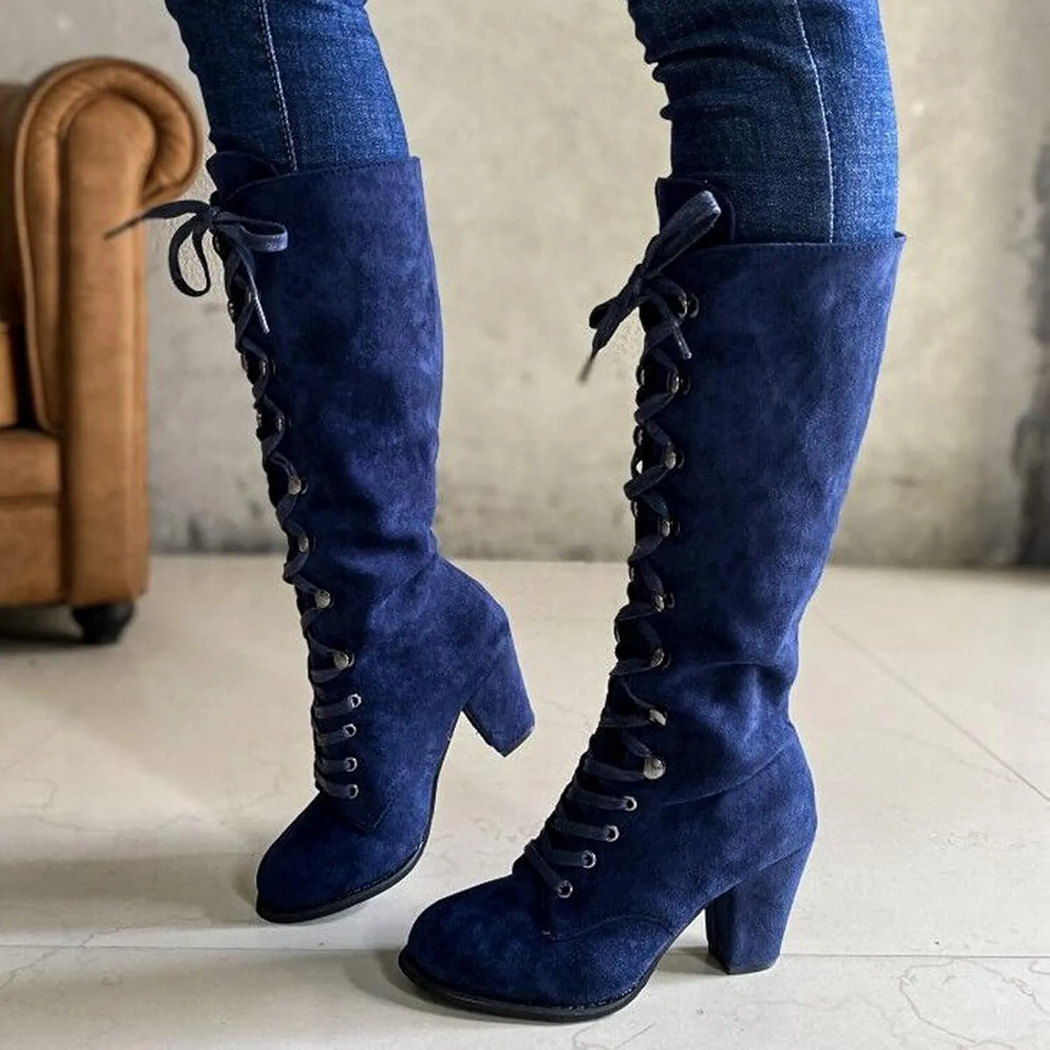 Womens Booties,Fall Boots for Women 2024 Chunky High Heels Lace Up Round Toe Cowboy Boots Vintage Wedge Booties Shoes