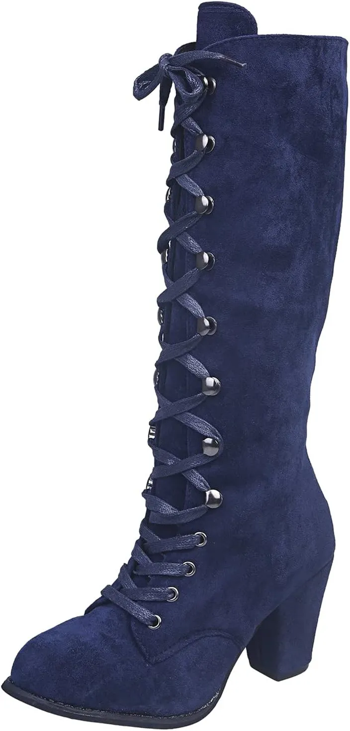 Womens Booties,Fall Boots for Women 2024 Chunky High Heels Lace Up Round Toe Cowboy Boots Vintage Wedge Booties Shoes