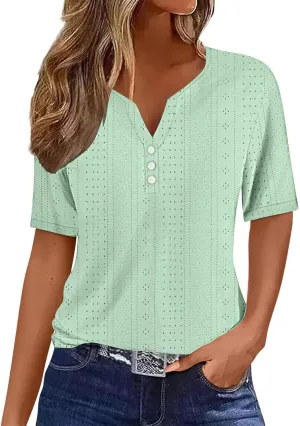 Women's Business Casual Tops Eyelet Henley Tunic Shirts Short Sleeve Buttons V Neck Boho Blouses Loose Fit Work Tees